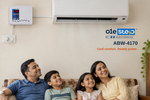 O1e Step ABW-4170 AC stabilizer mounted on wall beside AC showing 230V output