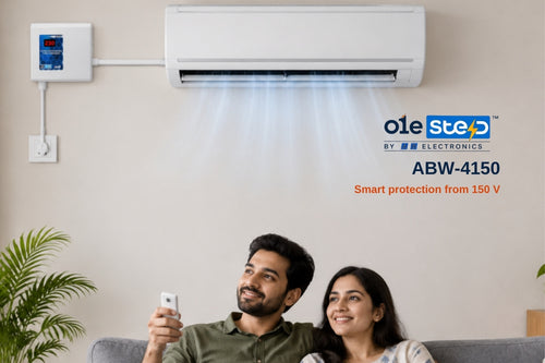 O1e Step ABW-4150 AC stabilizer mounted on wall beside AC showing 230V output